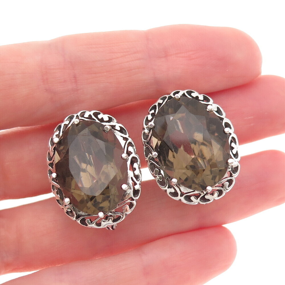 925 Sterling Silver Vintage Real Smoky Quartz Heart Ornate Oxidized Earrings